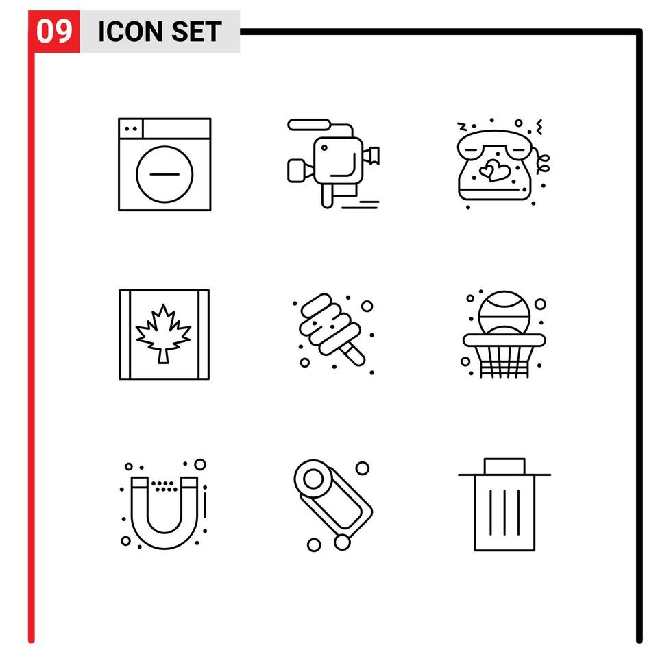 Pictogram Set of 9 Simple Outlines of sweet food heart leaf canada Editable Vector Design Elements