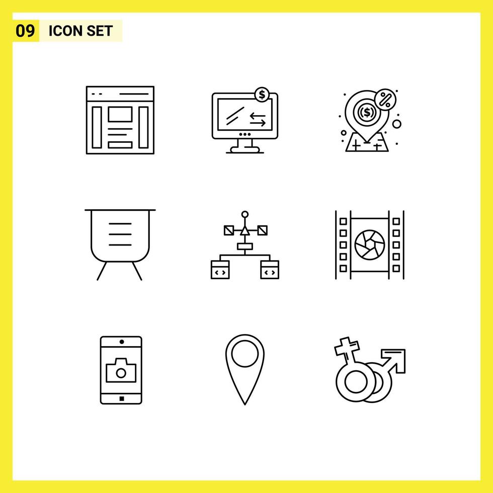Set of 9 Commercial Outlines pack for performance delete shopping board payment Editable Vector Design Elements