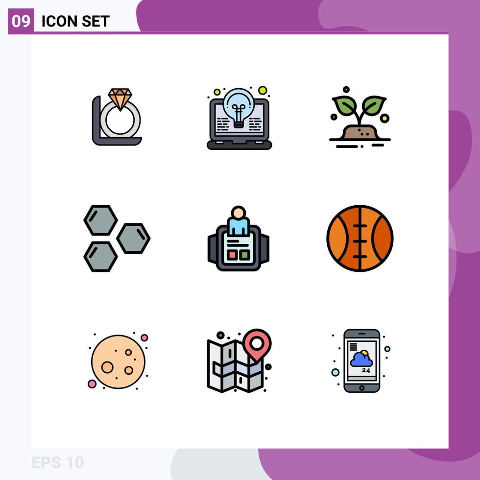 Pictogram Set of 9 Simple Filledline Flat Colors of space science light hexagon save Editable Vector Design Elements