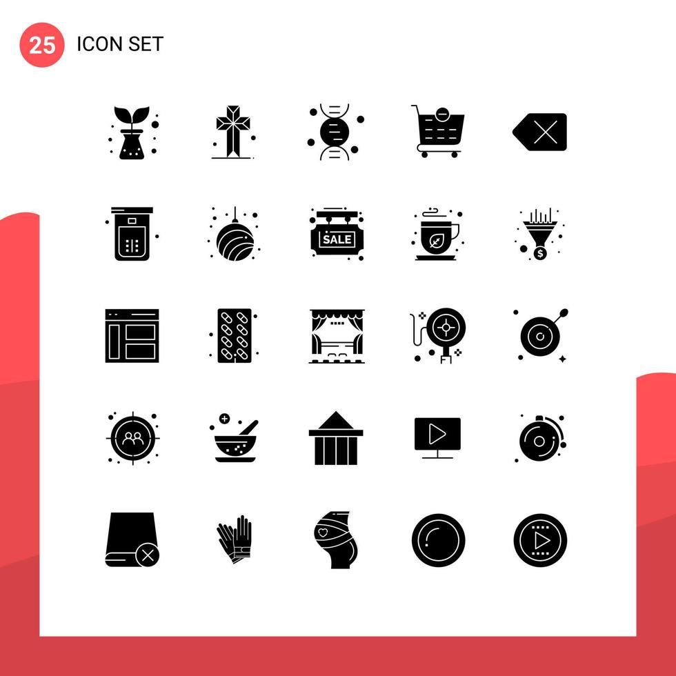 Set of 25 Commercial Solid Glyphs pack for bathroom delete research clear shopping cart Editable Vector Design Elements