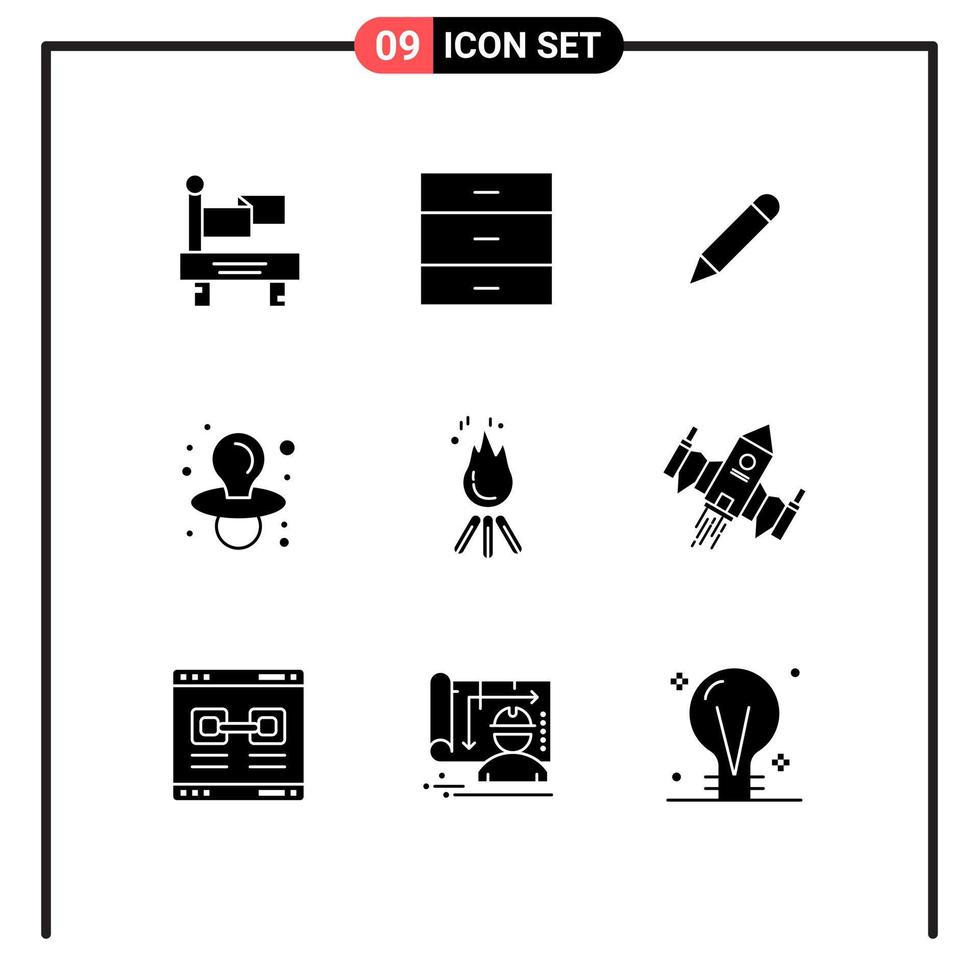Pack of 9 Modern Solid Glyphs Signs and Symbols for Web Print Media such as camping flame study fire dummy Editable Vector Design Elements
