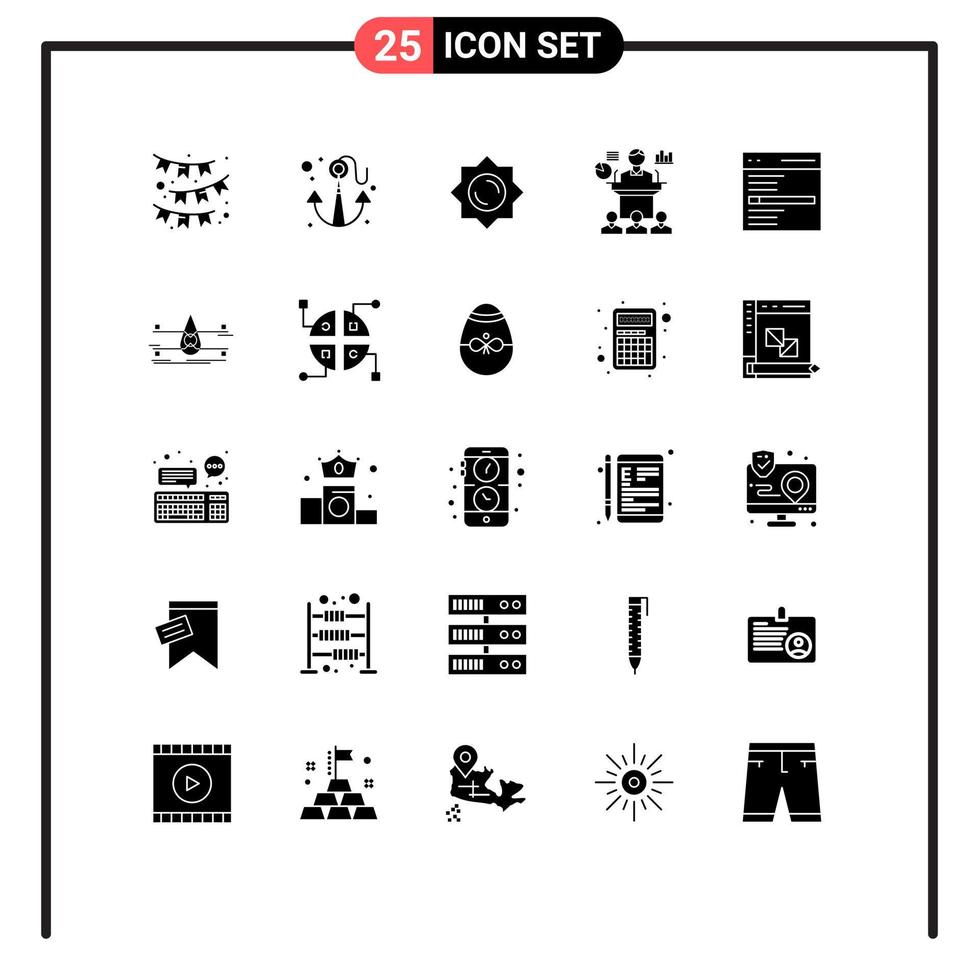 25 Universal Solid Glyph Signs Symbols of engine seminar sun presentation conference Editable Vector Design Elements