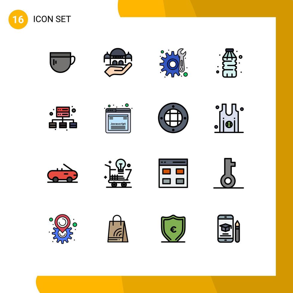 16 User Interface Flat Color Filled Line Pack of modern Signs and Symbols of server business gear water drink Editable Creative Vector Design Elements