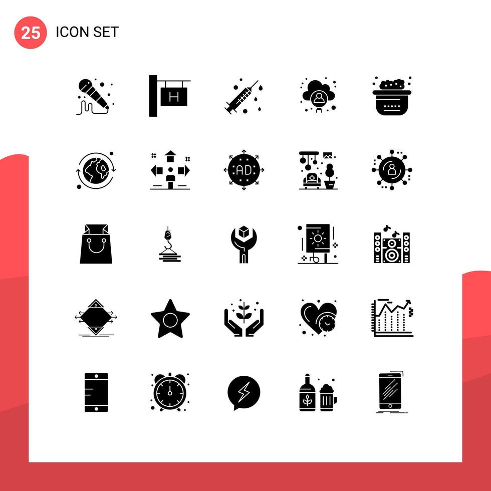 Modern Set of 25 Solid Glyphs and symbols such as earth bubbles syringe bath user Editable Vector Design Elements