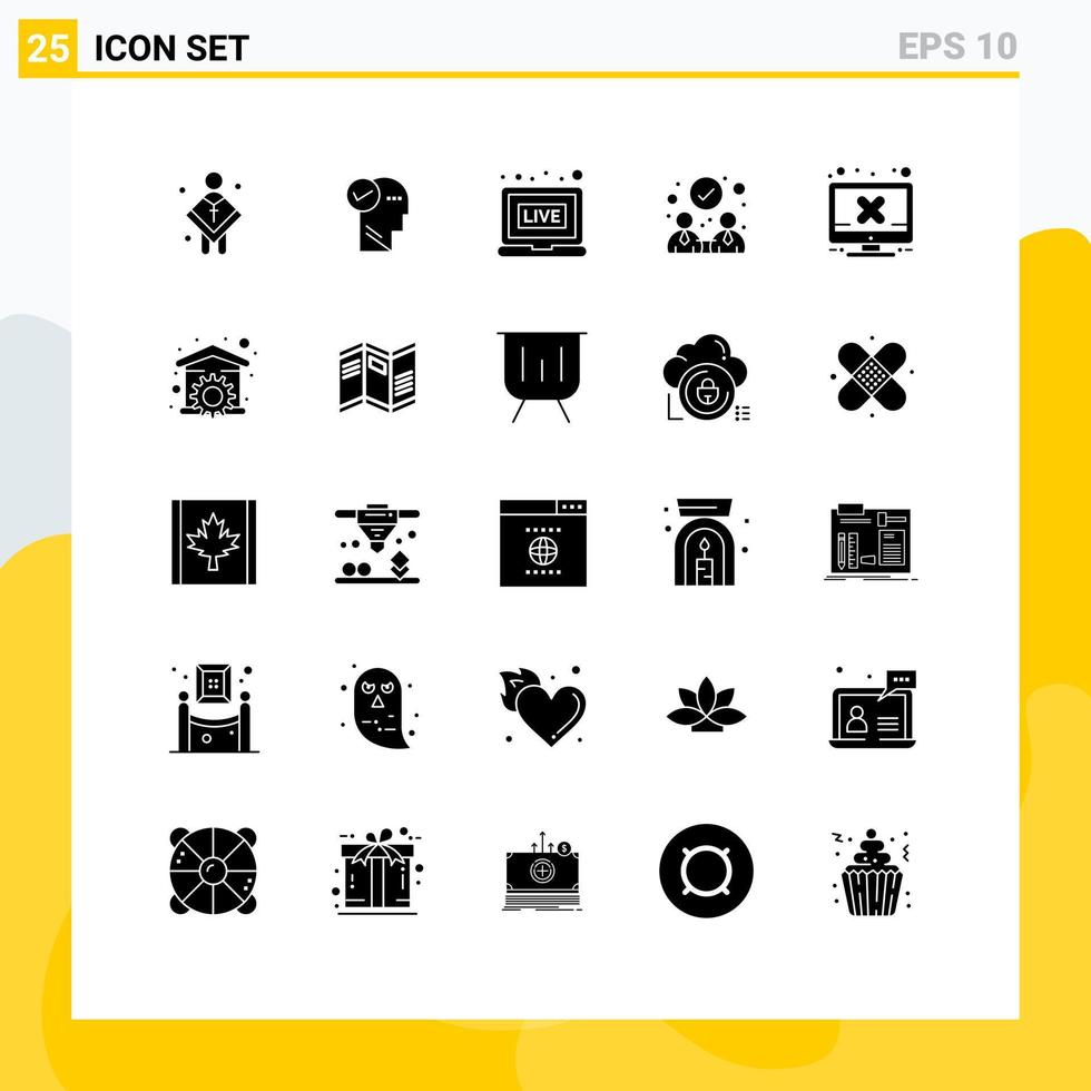 Pack of 25 creative Solid Glyphs of screen computer thinking partnership agreement Editable Vector Design Elements