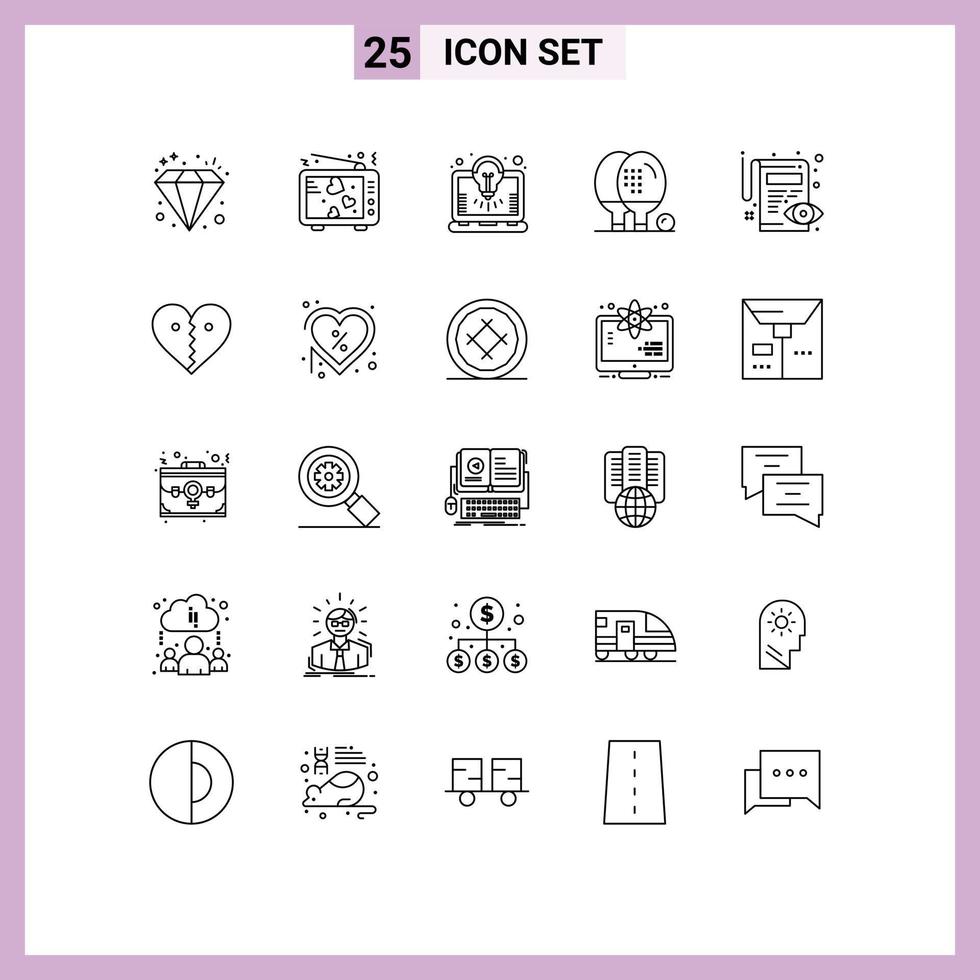 Mobile Interface Line Set of 25 Pictograms of ping equipment valentine athletics solution Editable Vector Design Elements