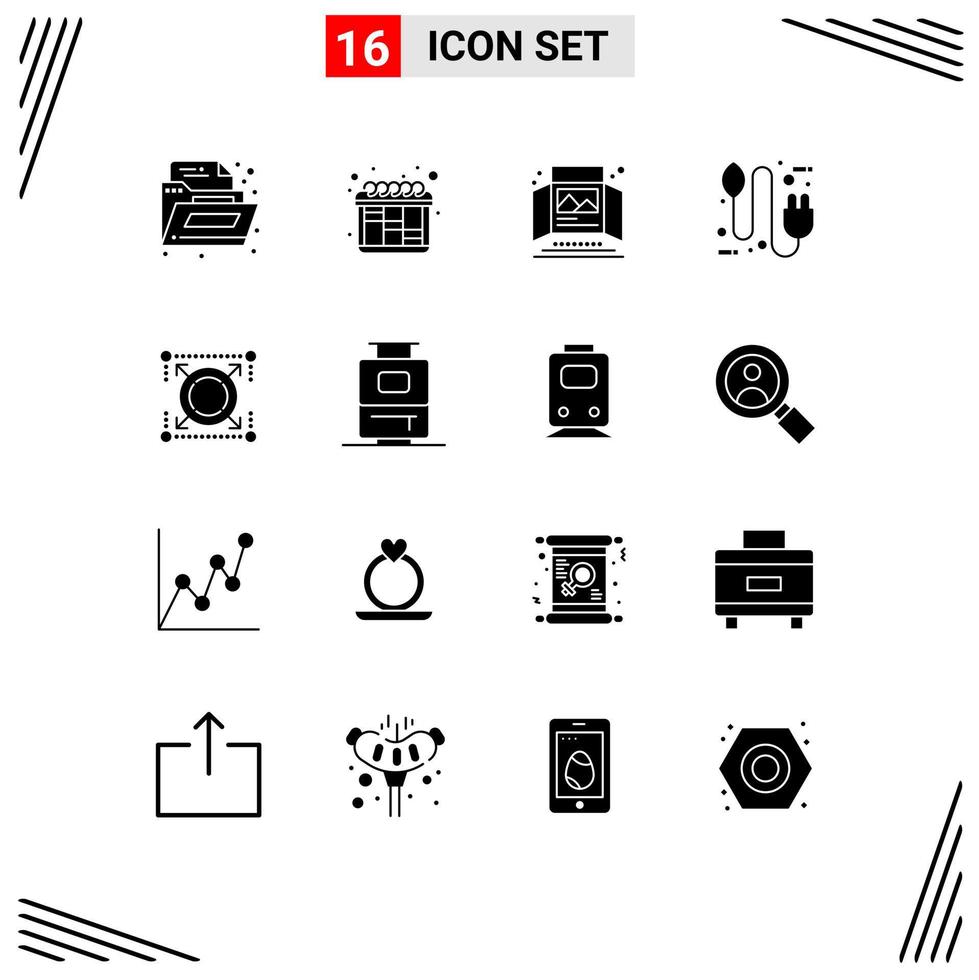 Pack of 16 Modern Solid Glyphs Signs and Symbols for Web Print Media such as target plug print electricity concept Editable Vector Design Elements