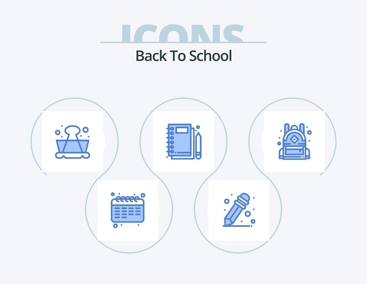 volver a la escuela icono azul paquete 5 diseño de iconos. escuela. bolsa. aprendiendo. escribiendo. bloc vector