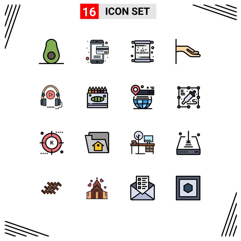 Mobile Interface Flat Color Filled Line Set of 16 Pictograms of education course eid language hand Editable Creative Vector Design Elements