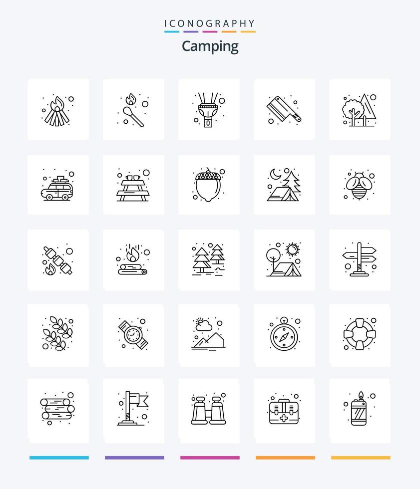 camping creativo 25 paquete de iconos de contorno como acampar. árbol. luz. selva. cuchillo vector