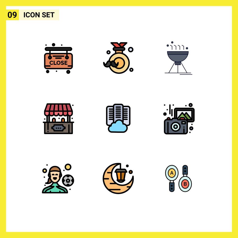 paquete de iconos de vector de stock de 9 signos y símbolos de línea para el centro jugar cocinar juego de barbacoa boletería elementos de diseño de vector editables