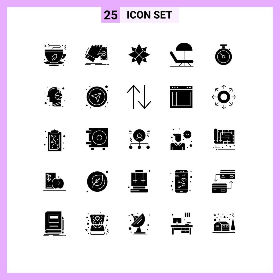 User Interface Pack of 25 Basic Solid Glyphs of stopwatch umbrella dollar summer xmas Editable Vector Design Elements