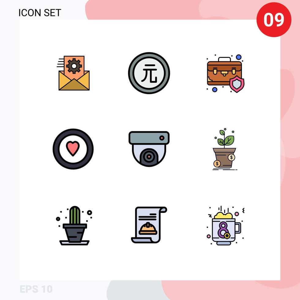 conjunto de 9 iconos de interfaz de usuario modernos símbolos signos para cámara corazón valor seguro de amor elementos de diseño vectorial editables vector