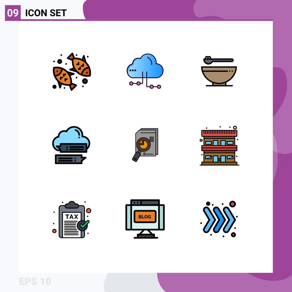 paquete de 9 signos y símbolos de colores planos de línea de relleno modernos para medios de impresión web, como elementos de diseño de vectores editables de chat en línea de cuenco de nube de investigación