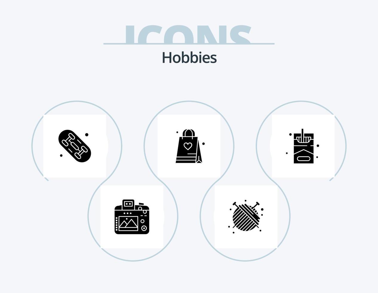 hobbies glyph icon pack 5 diseño de iconos. pasatiempo. fumar. patinar. bolsa. aficiones vector
