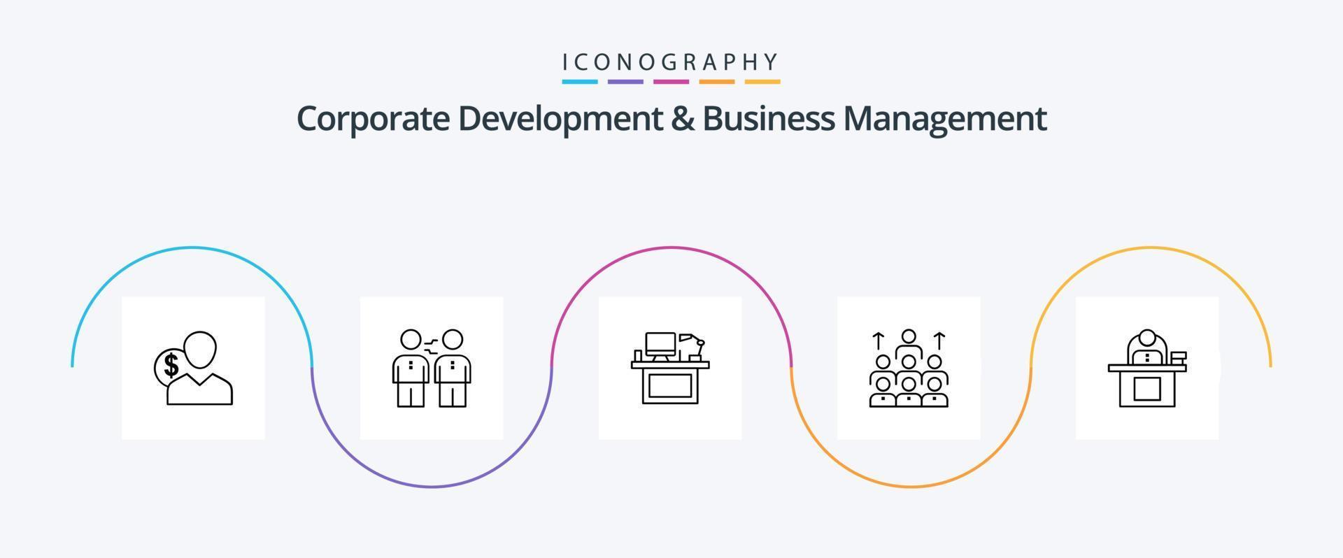 Corporate Development And Business Management Line 5 Icon Pack Including monitor. desk. agreement. computer. handshake vector