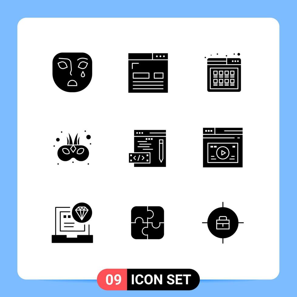 9 Universal Solid Glyphs Set for Web and Mobile Applications mask entertainment page cinema purchase Editable Vector Design Elements