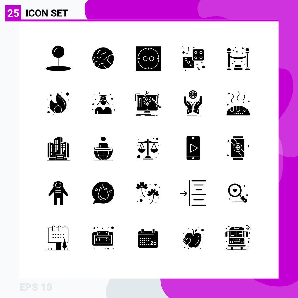 25 Universal Solid Glyphs Set for Web and Mobile Applications fire party dice night play Editable Vector Design Elements