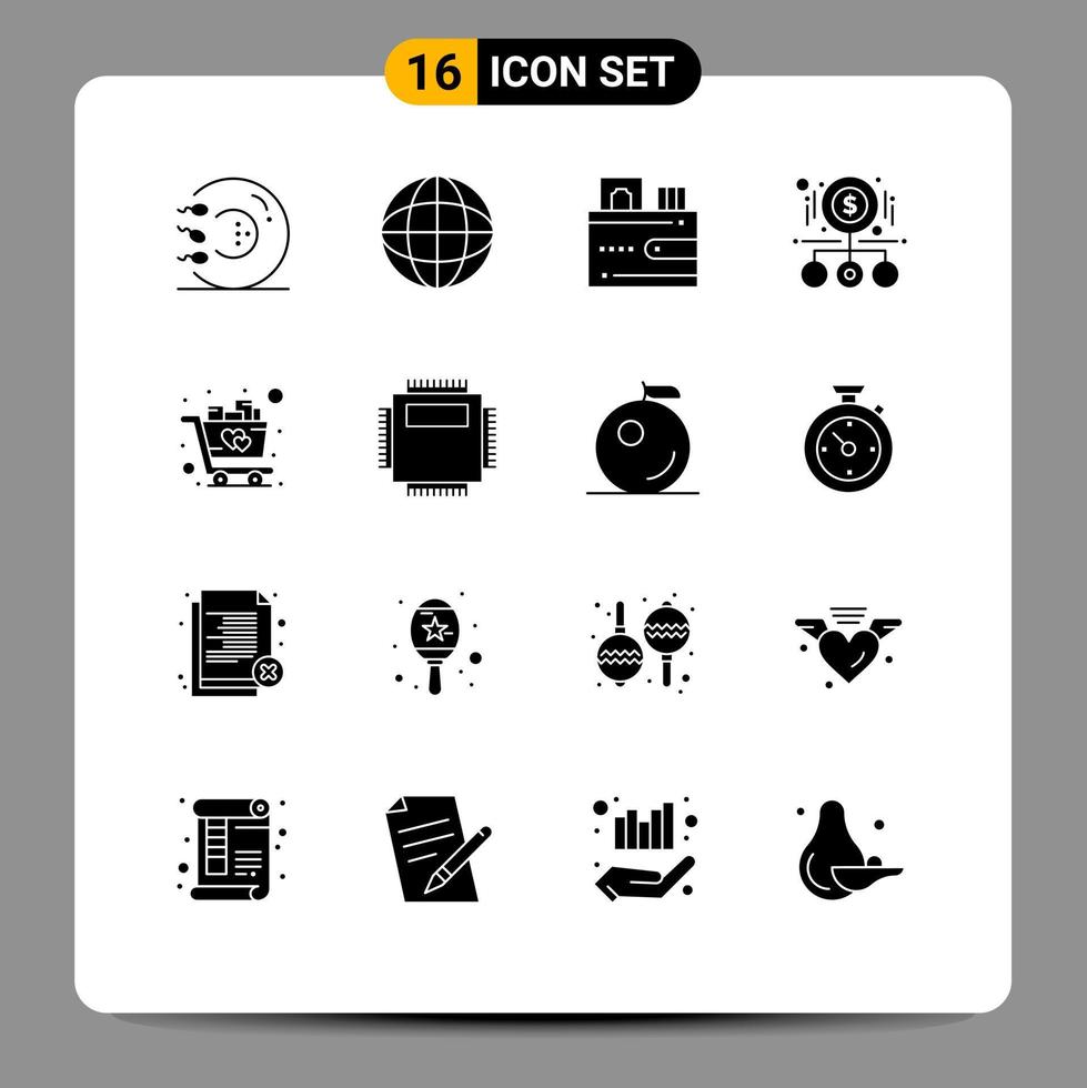 conjunto moderno de 16 pictogramas de glifos sólidos de carro tarjeta de pago dinero efectivo elementos de diseño vectorial editables vector