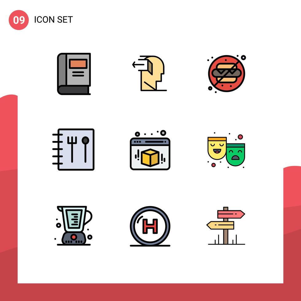 Pack of 9 Modern Filledline Flat Colors Signs and Symbols for Web Print Media such as web box release recipe park Editable Vector Design Elements