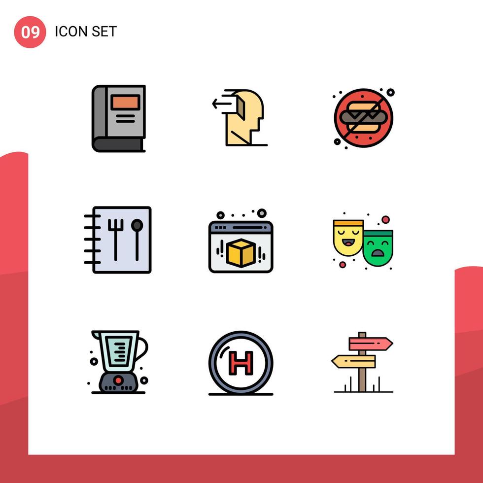 paquete de 9 modernos signos y símbolos de colores planos de línea rellena para medios de impresión web, como elementos de diseño de vectores editables del parque de recetas de lanzamiento de caja web