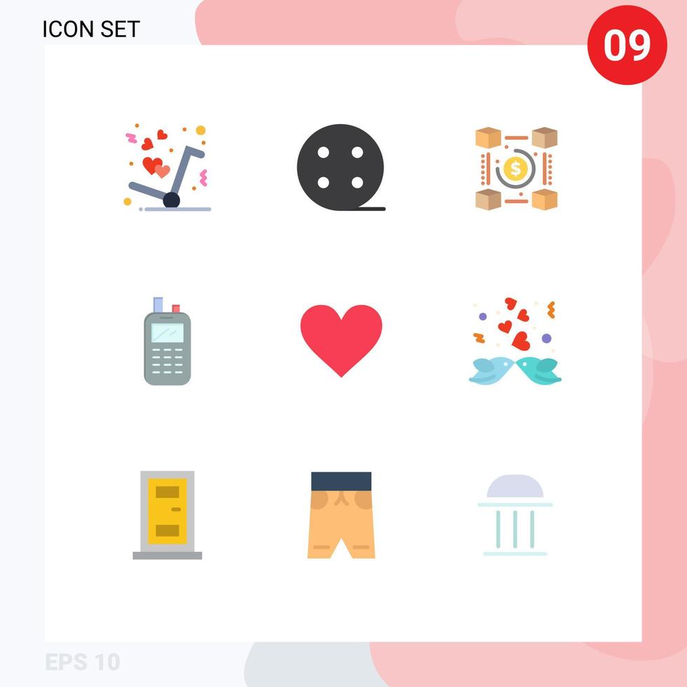 Mobile Interface Flat Color Set of 9 Pictograms of heart wireless currency receiver phone Editable Vector Design Elements