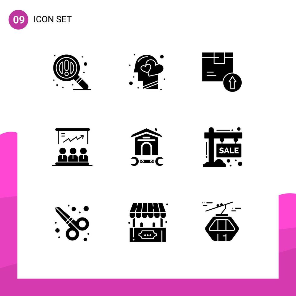 Group of 9 Modern Solid Glyphs Set for marketing user arrow up board product Editable Vector Design Elements