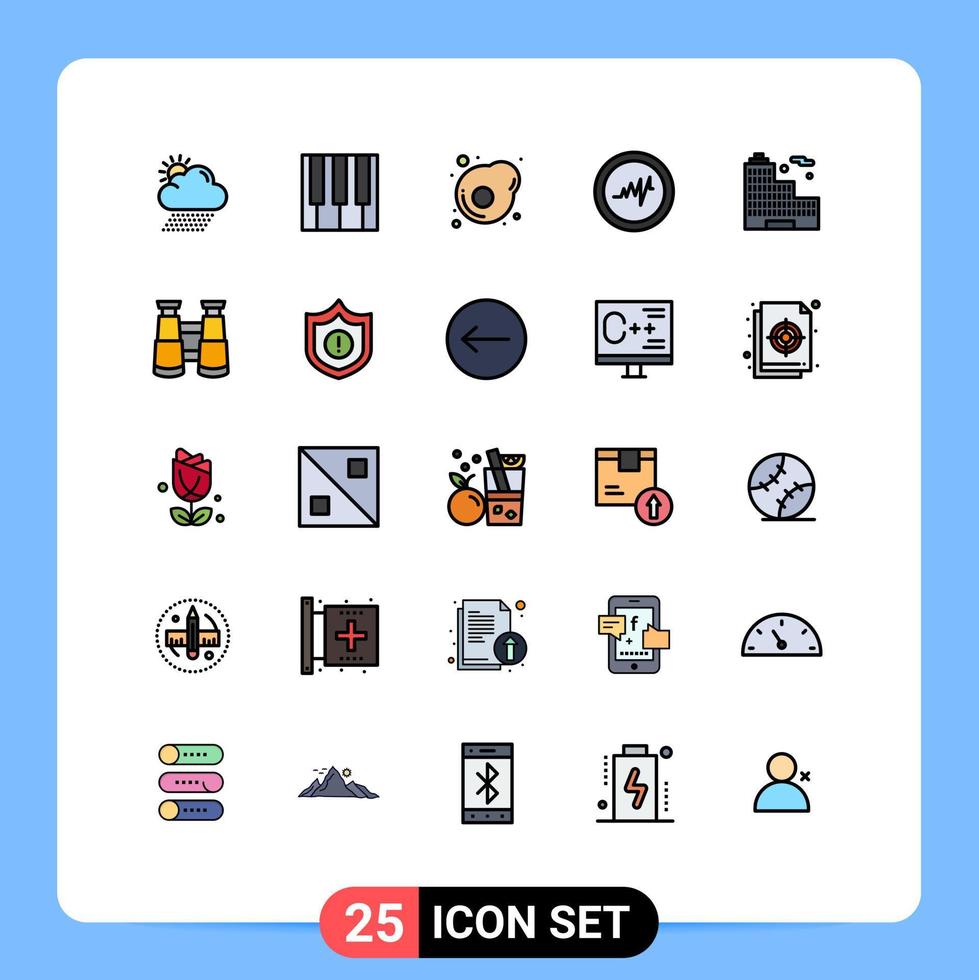 Mobile Interface Filled line Flat Color Set of 25 Pictograms of binoculars city sound building heart Editable Vector Design Elements