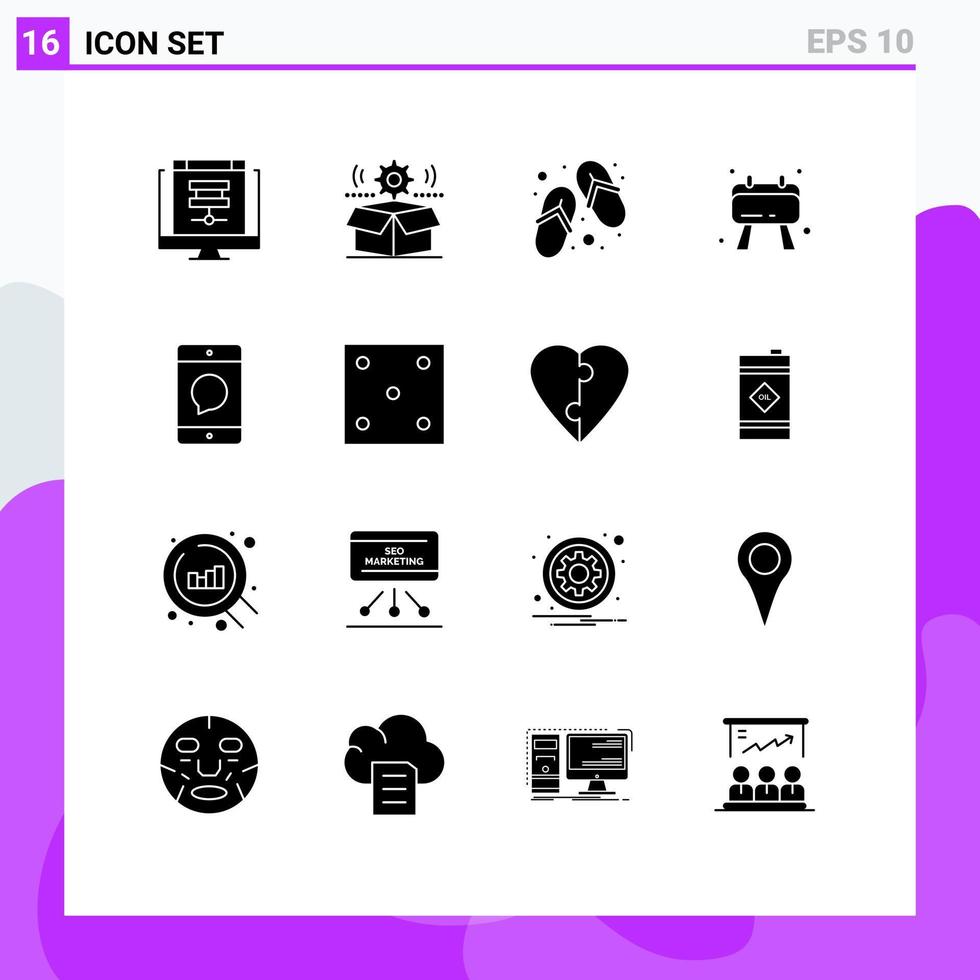 16 User Interface Solid Glyph Pack of modern Signs and Symbols of cellphone checklist gear board slippers Editable Vector Design Elements