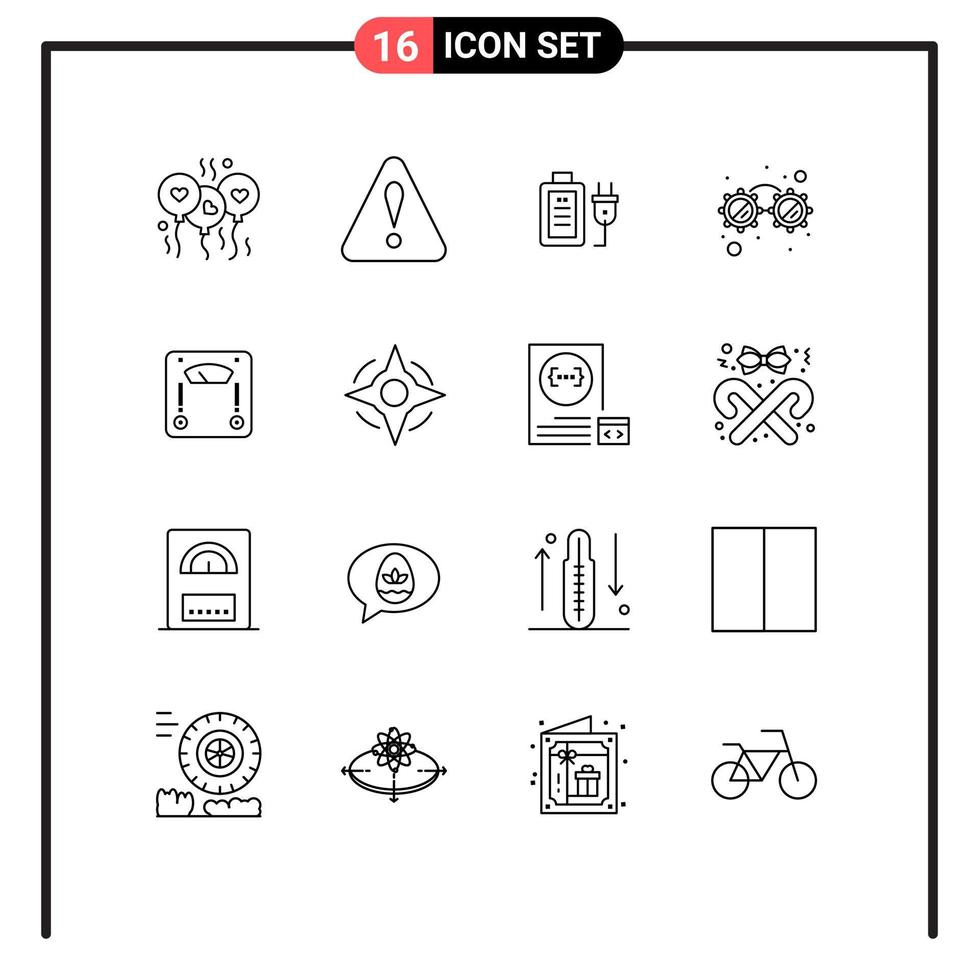 Universal Icon Symbols Group of 16 Modern Outlines of weight scale charge machine glasses Editable Vector Design Elements