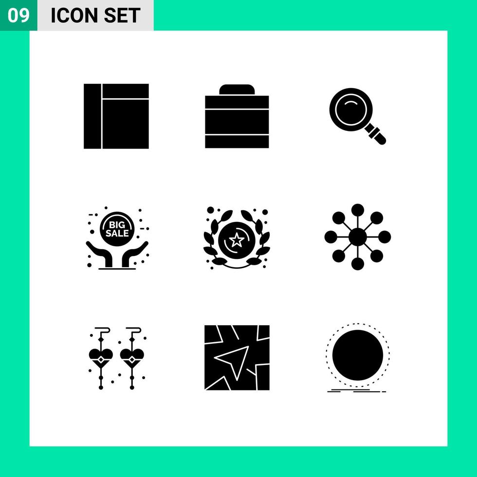 Set of 9 Vector Solid Glyphs on Grid for business rank glass insignia sign Editable Vector Design Elements
