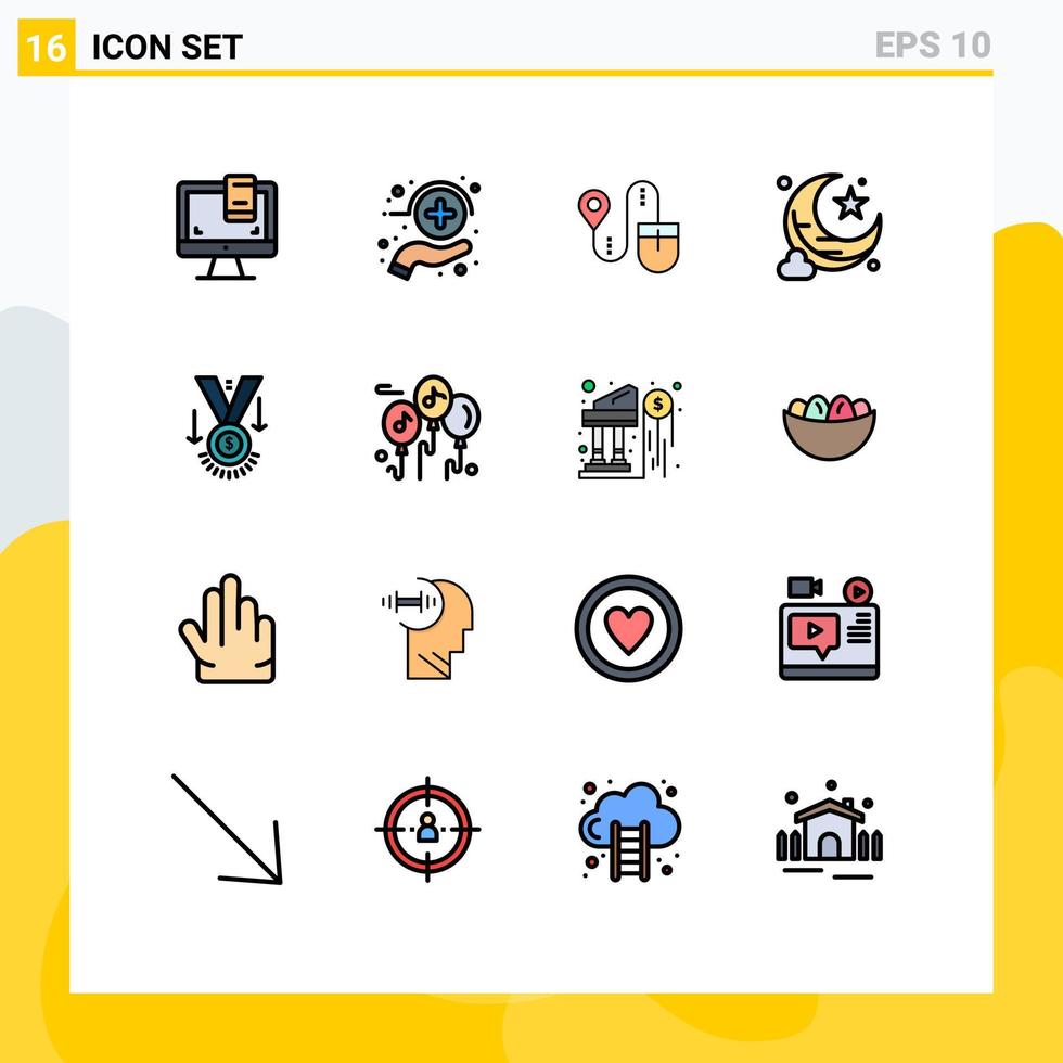 Pack of 16 Modern Flat Color Filled Lines Signs and Symbols for Web Print Media such as star award mouse star moon Editable Creative Vector Design Elements