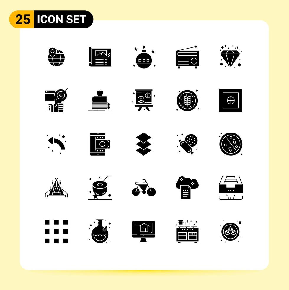 25 User Interface Solid Glyph Pack of modern Signs and Symbols of media fm photo radio halloween Editable Vector Design Elements