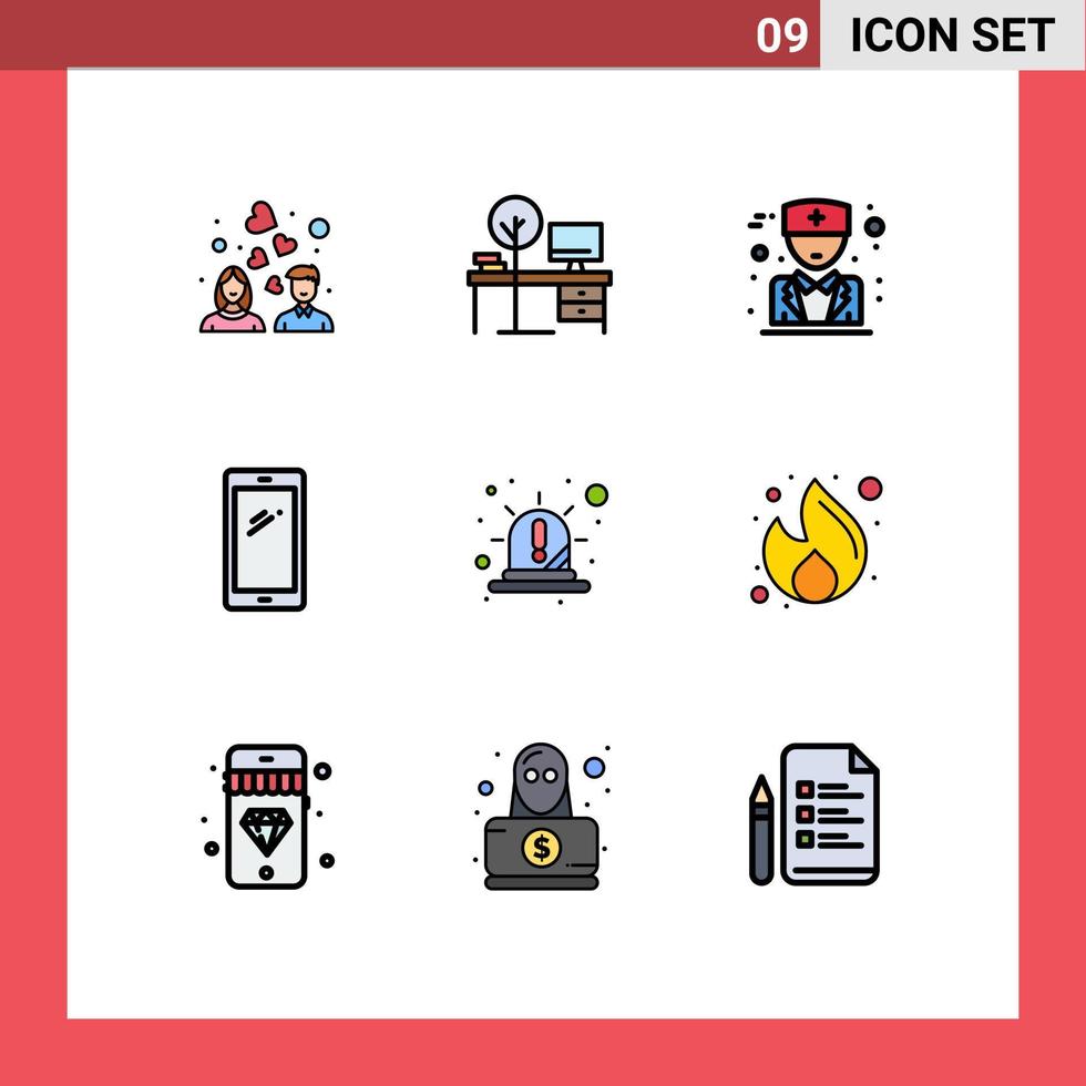 Mobile Interface Filledline Flat Color Set of 9 Pictograms of alert android table mobile phone Editable Vector Design Elements