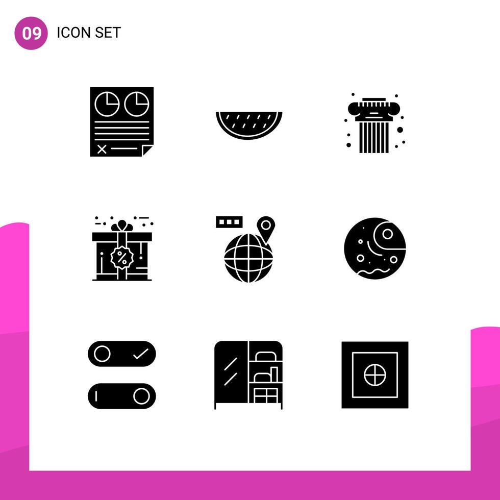 Mobile Interface Solid Glyph Set of 9 Pictograms of world discount water card greek Editable Vector Design Elements