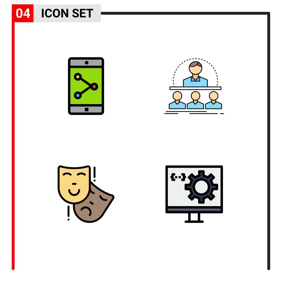 conjunto moderno de 4 colores planos de línea rellena pictografía de máscaras de uso compartido de aplicaciones teatro de instructor de negocios elementos de diseño de vectores editables