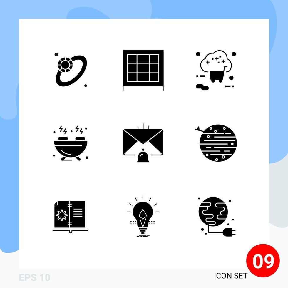 9 Thematic Vector Solid Glyphs and Editable Symbols of email communication online bell food Editable Vector Design Elements