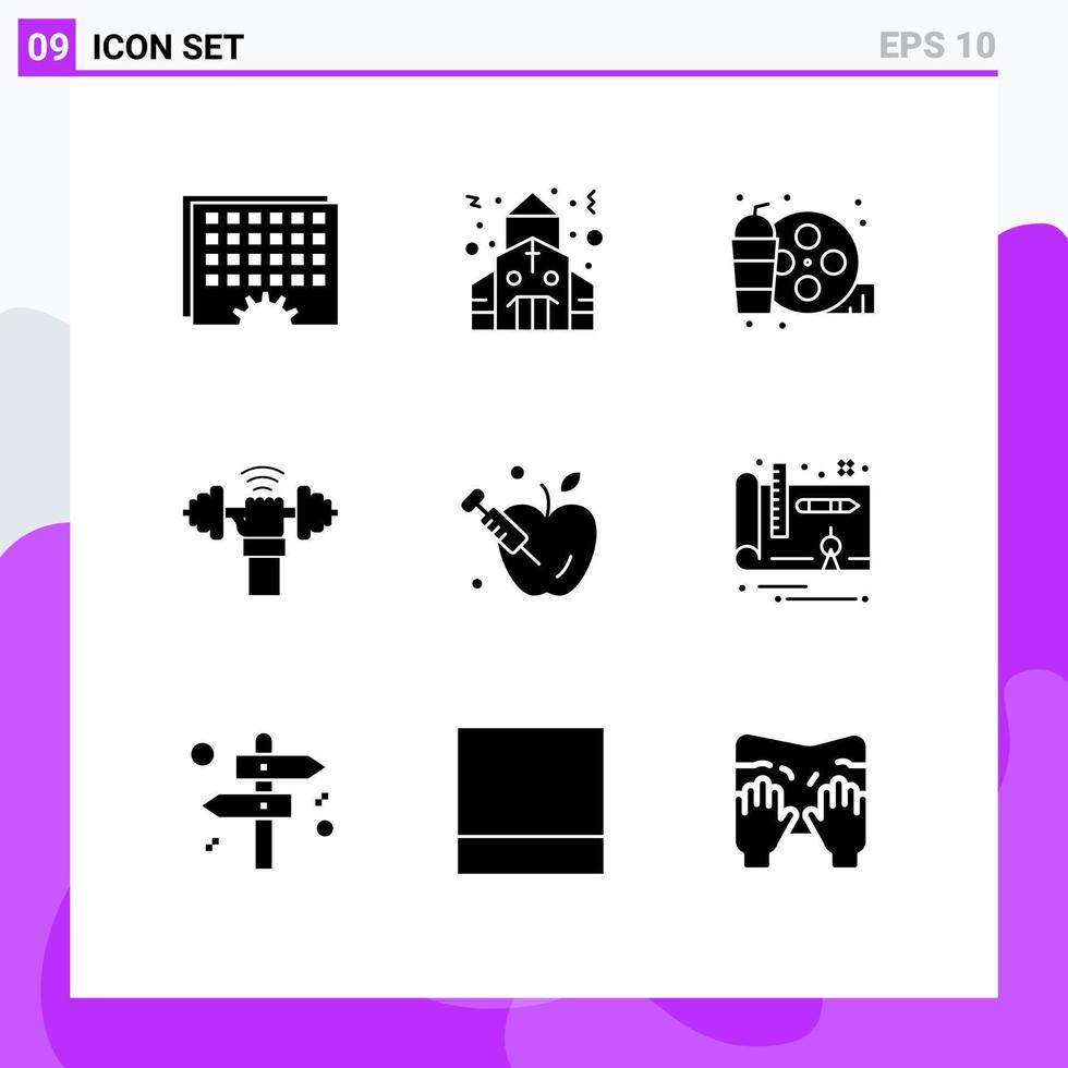 Mobile Interface Solid Glyph Set of 9 Pictograms of apple power real lifting dumbbell Editable Vector Design Elements