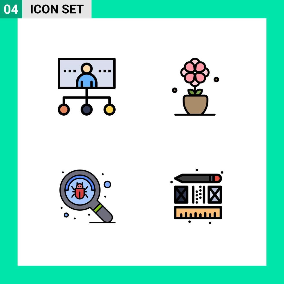 Universal Icon Symbols Group of 4 Modern Filledline Flat Colors of business bug management present search Editable Vector Design Elements