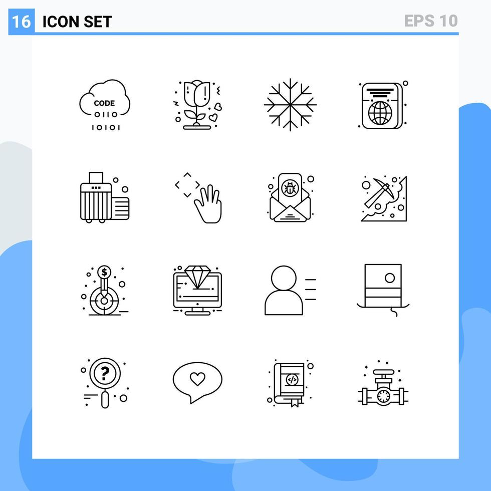 Pictogram Set of 16 Simple Outlines of beach id romantic travel passport Editable Vector Design Elements