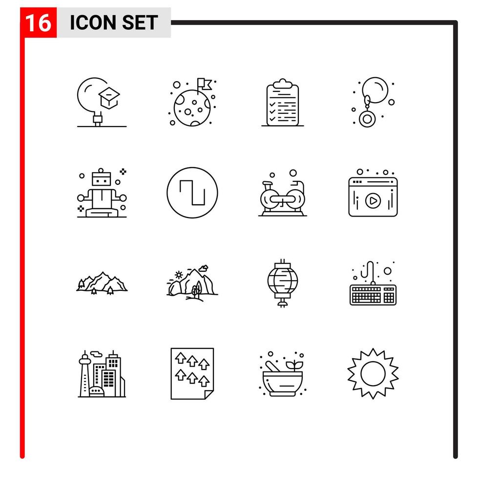 Universal Icon Symbols Group of 16 Modern Outlines of meditation earrings planet drop document Editable Vector Design Elements