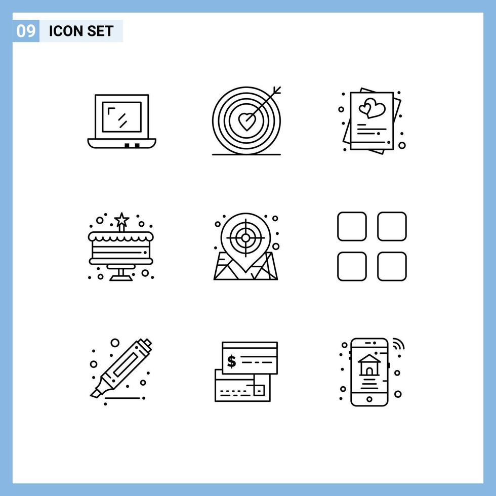 9 Universal Outlines Set for Web and Mobile Applications target map invite new year cake Editable Vector Design Elements