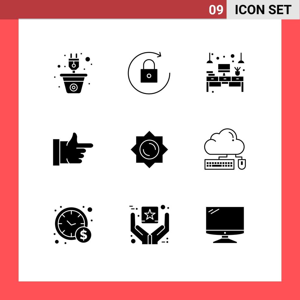 Pack of 9 Modern Solid Glyphs Signs and Symbols for Web Print Media such as sunshine vote computer thumbs up light Editable Vector Design Elements