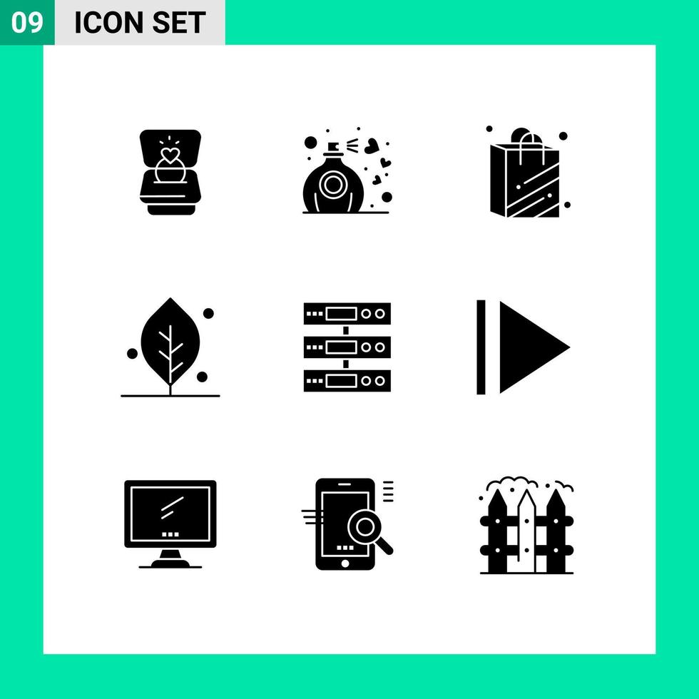 Universal Icon Symbols Group of 9 Modern Solid Glyphs of storage server bag spring leaf Editable Vector Design Elements