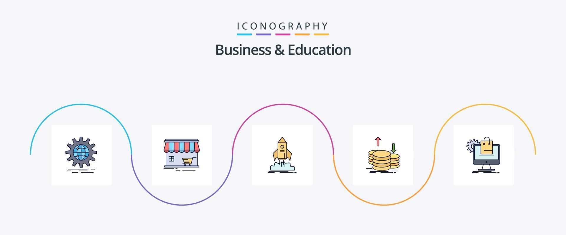 la línea de negocios y educación llenó el paquete de iconos planos 5 que incluye capital. monedas edificio. misión. barco vector