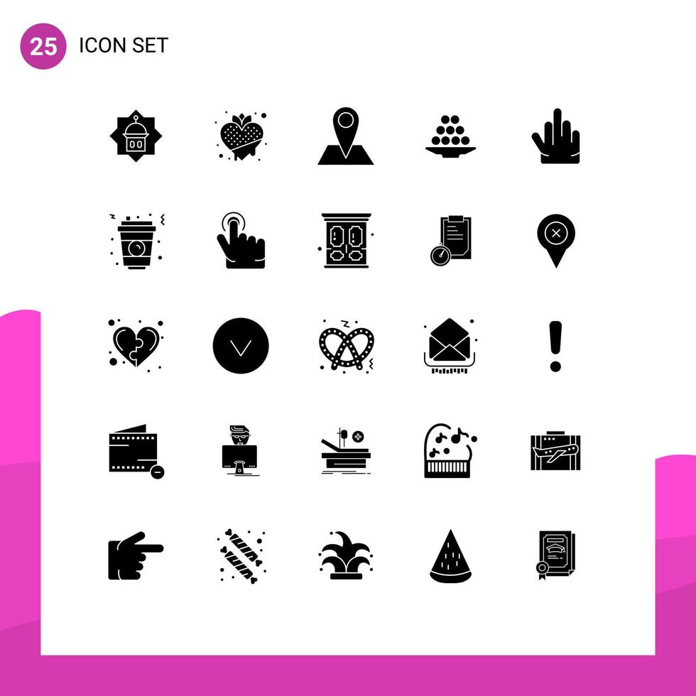 Pictogram Set of 25 Simple Solid Glyphs of indian delicacy vegetarian bowl map Editable Vector Design Elements