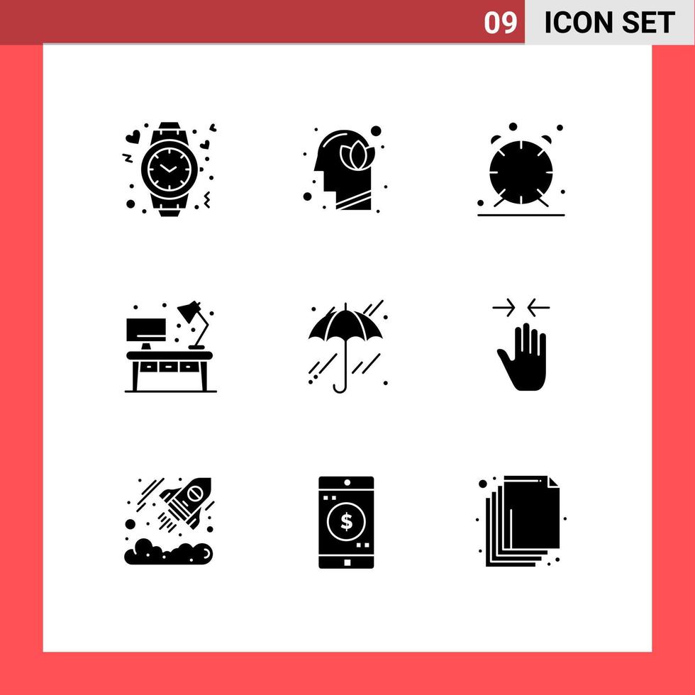 Modern Set of 9 Solid Glyphs Pictograph of desk living human home time Editable Vector Design Elements