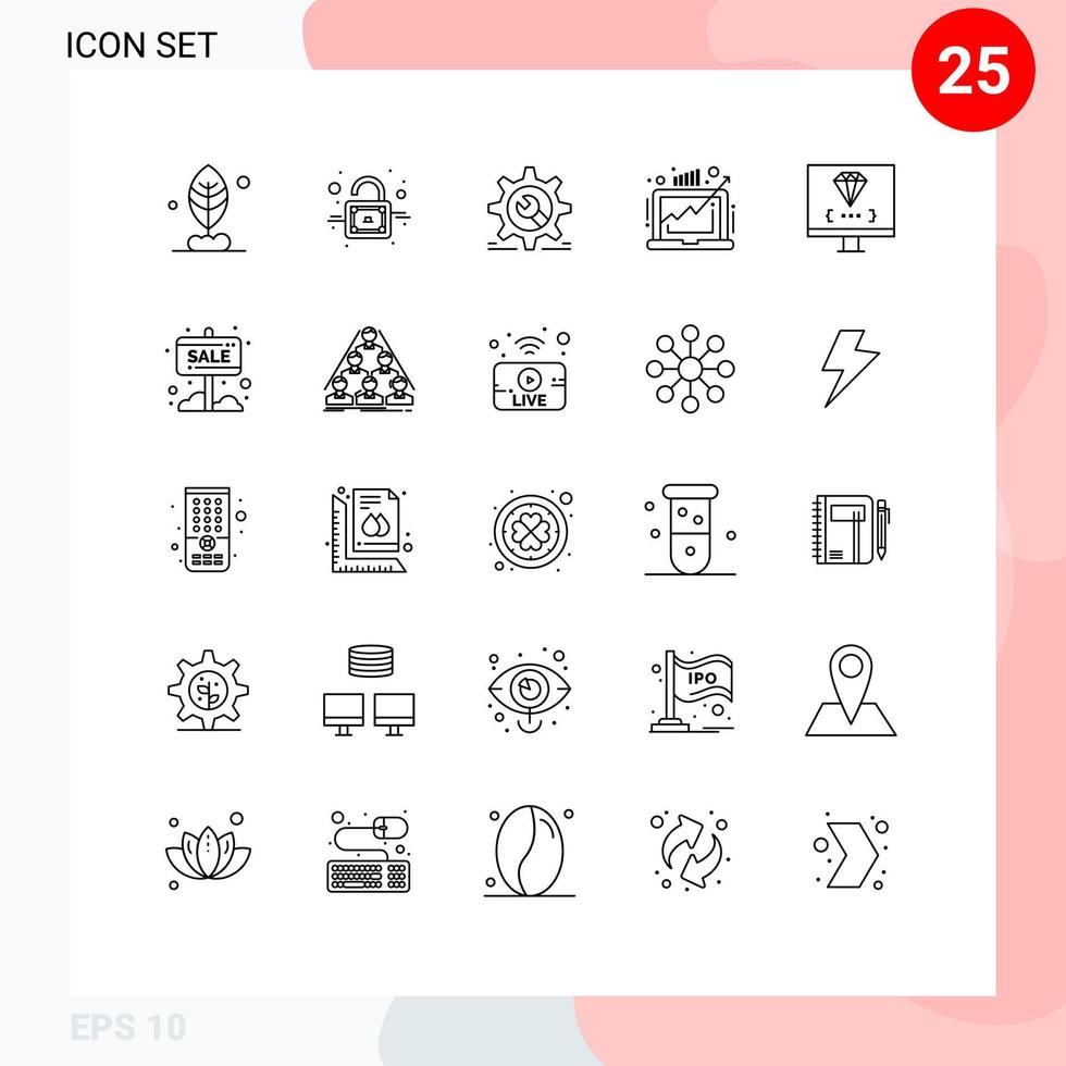 Universal Icon Symbols Group of 25 Modern Lines of computer profit wheel market demand Editable Vector Design Elements