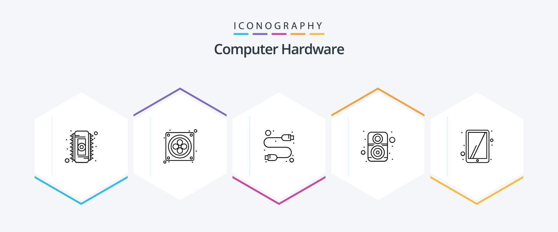 paquete de iconos de 25 líneas de hardware de computadora que incluye pantalla táctil. ipad computadora. vocero. hardware vector