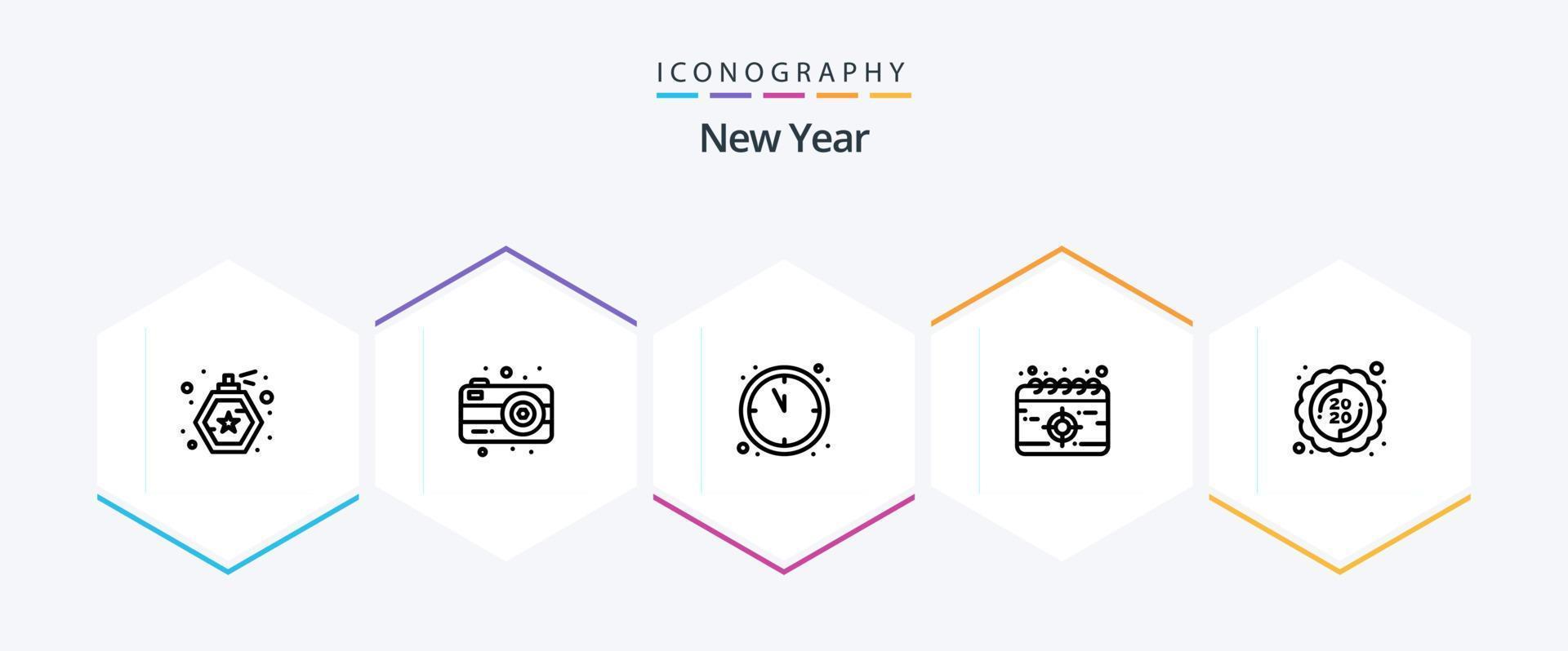 paquete de iconos de 25 líneas de año nuevo que incluye. pegatina. Año Nuevo. nuevo. objetivo vector